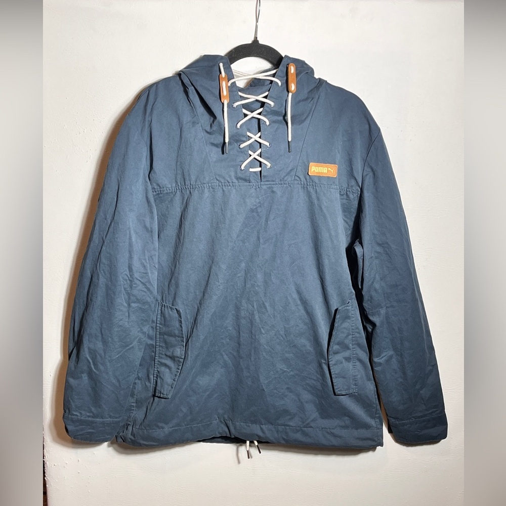 Puma Men's Lace-Up Blue Hooded Windbreaker Medium